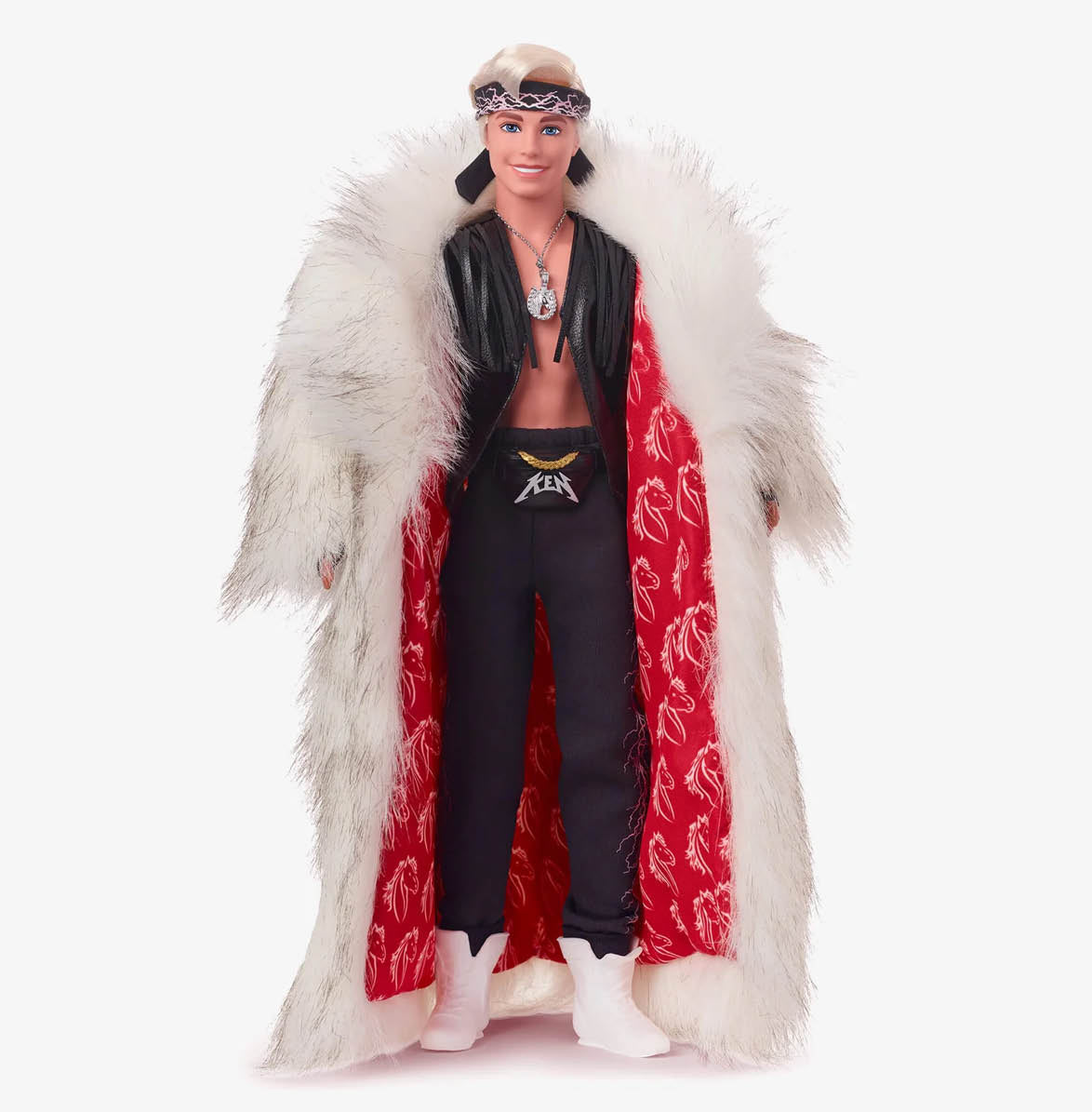 Ken Doll In Faux Fur Coat And Black Fringe Vest – Barbie The Movie Standing