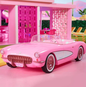 Barbie Movie Pink Corvette outside Barbie House