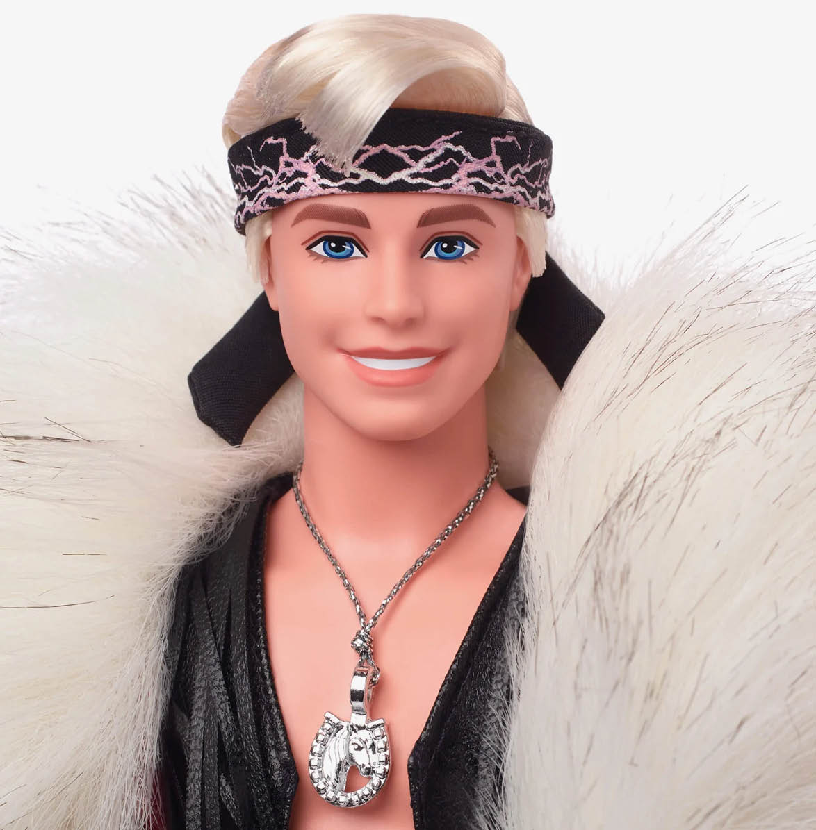 Ken Doll In Faux Fur Coat And Black Fringe Vest – Barbie The Movie head shot