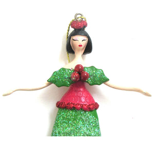 Christmas Masquerade Green and Red Lady Ornament Arms Open